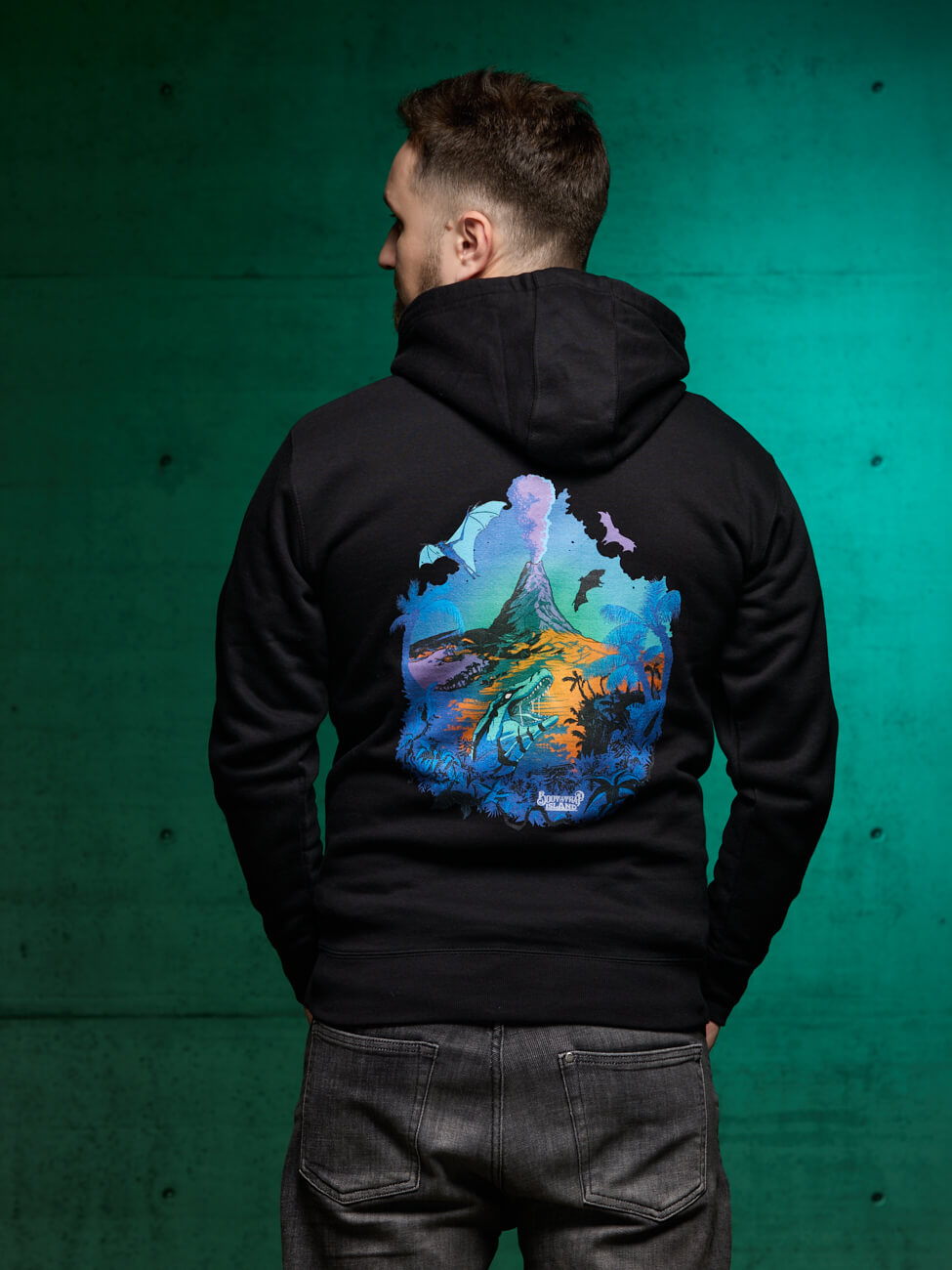 Bootstrapisland survival hoodie Nightfall design on the back.